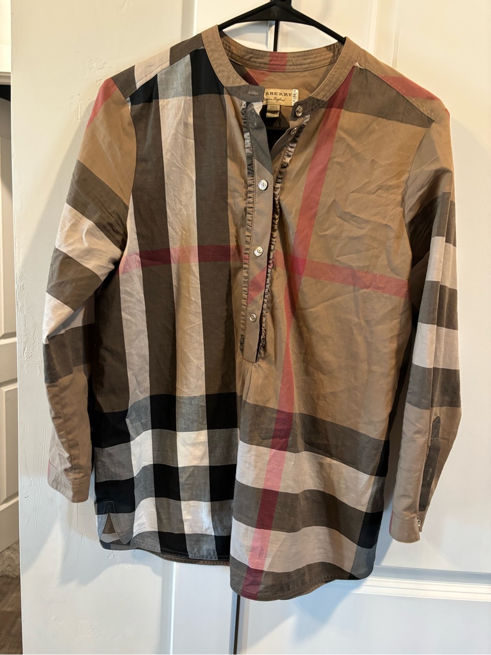 Burberry Beige Plaid Grandad Collar Button-Down Shirt with Red Accent